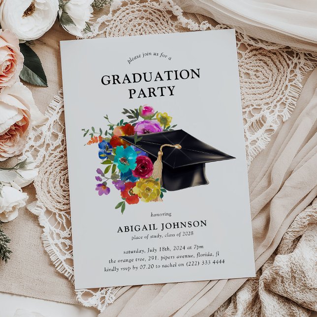 Bright & Bold Floral Cap Graduation Party Einladung (Von Creator hochgeladen)