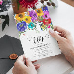 Bright & Bold Florals 50. Geburtstag Einladung<br><div class="desc">Helle und kühn blumengeschmückte Einladungen zum 50. Geburtstag,  die für jedes Alter angepasst werden können. Das Design umfasst kalligraphische Schriftzeichen,  handbemalte Aquarellfarben-Blume mit grünem Blattwerk und eine klassisch elegante Geburtstagsvorlage,  die leicht zu verändern ist.</div>