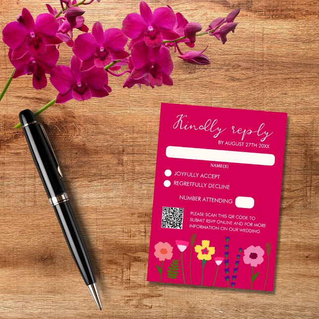 Bright & Bold Fuchsia Pink Floral Wedding QR Code RSVP Karte (Von Creator hochgeladen)