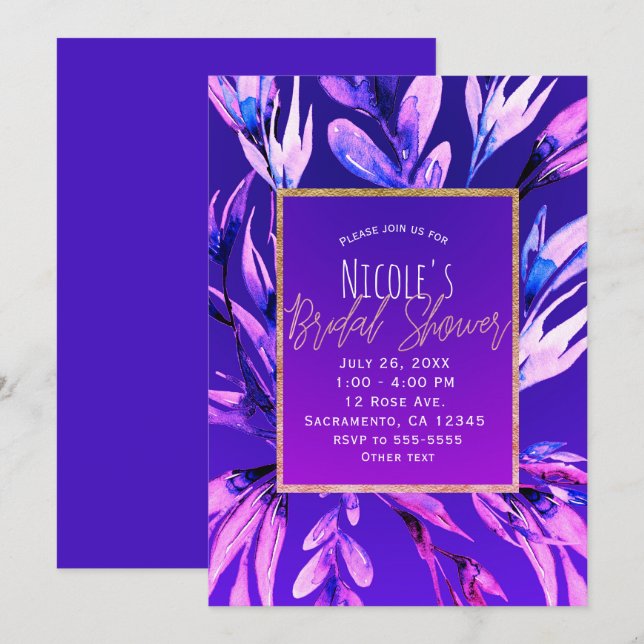 Bright Bold Lila Watercolor Botanische Bridal Einladung (Vorne/Hinten)