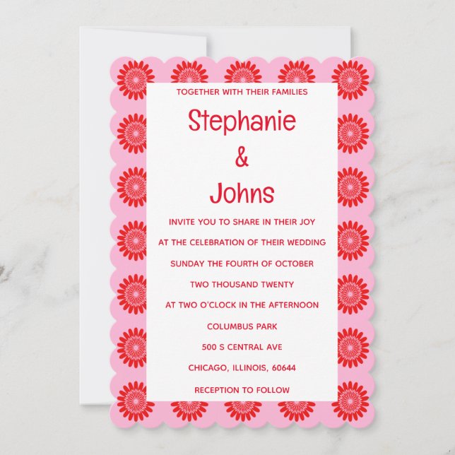Bright Bold Orange Pink Retro Floral Boho Wedding Einladung (Vorderseite)