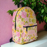 Bright bold pink yellow name summer floral bedruckter rucksack<br><div class="desc">Elegant bright and bold modern spring summer flowers backpack with pretty pink and yellow flowers roses and light greenery  with a modern calligraphy typography pastel blush pink</div>
