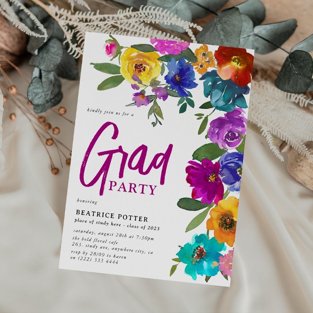 Bright & Bold Watercolor Floral Graduation Party Einladung (Von Creator hochgeladen)