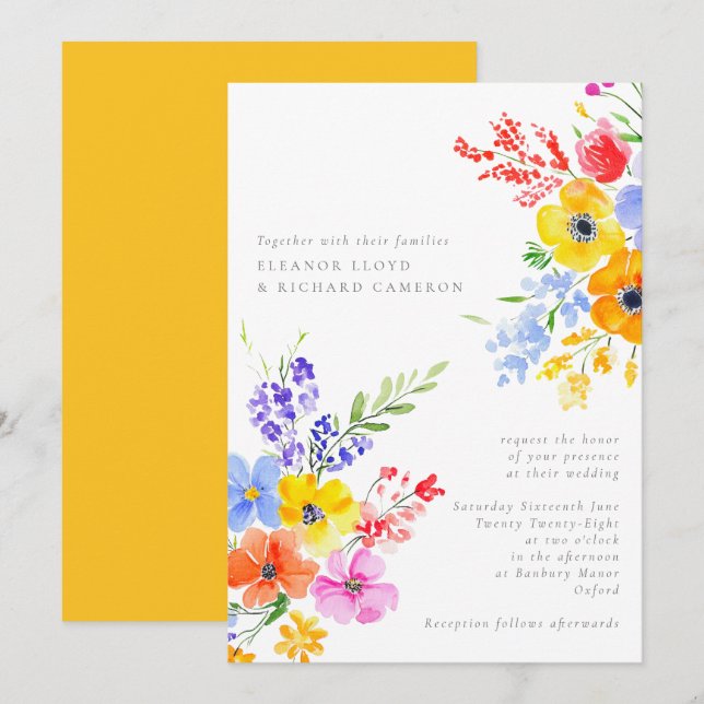 Bright & Bold Watercolor Floral Wedding Einladung (Vorne/Hinten)