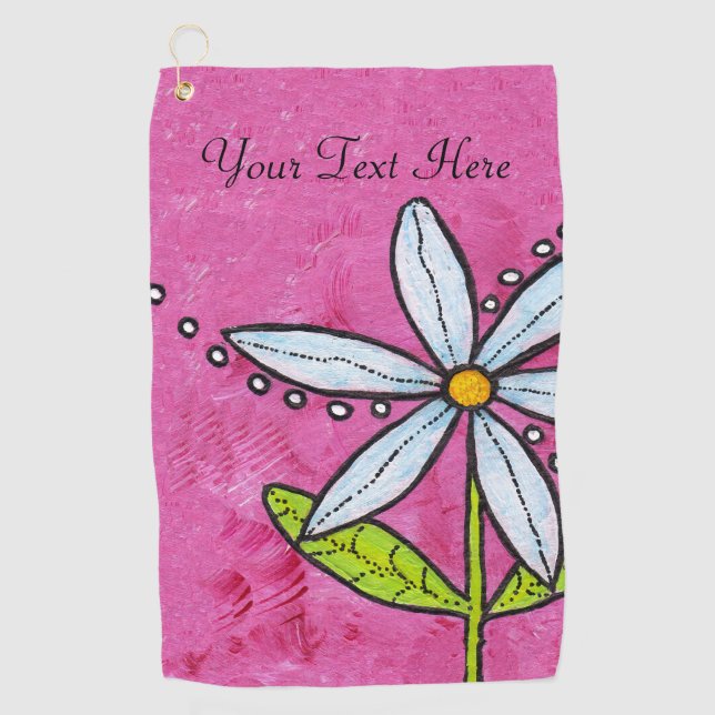 Bright Bold White Daisy Green Blätter auf Stem Pin Golfhandtuch (Vorderseite)