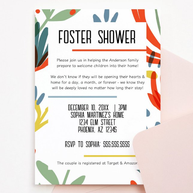 Bright Botanical Foster Care Douche Invitation (bright and colorful botanical floral foster child shower invitation green, yellow, blue, red flowers)