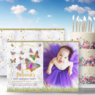 Bright Butterfly First Birthday Party Foto Einladung