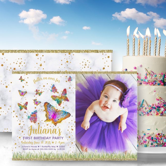 Bright Butterfly First Birthday Party Foto Einladung (Bright Butterfly First Birthday Party Photo Invitation)