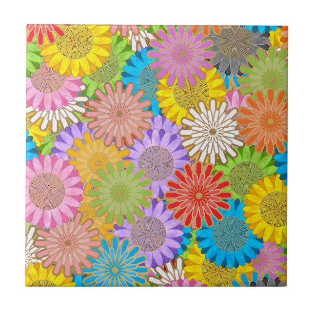 Bright Colorful Busy Chaotic Hippy Flower Pattern Fliese (Vorderseite)
