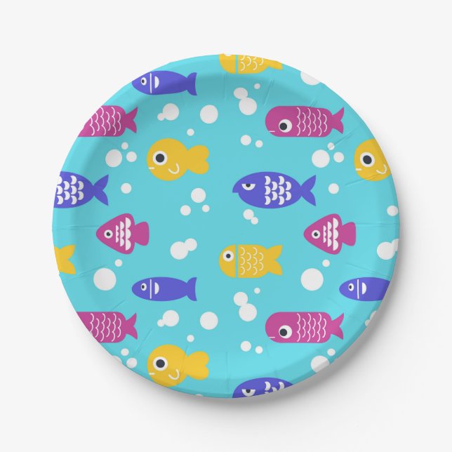 Bright Colorful Cartoon Fish Pattern Blue Pappteller (Vorderseite)