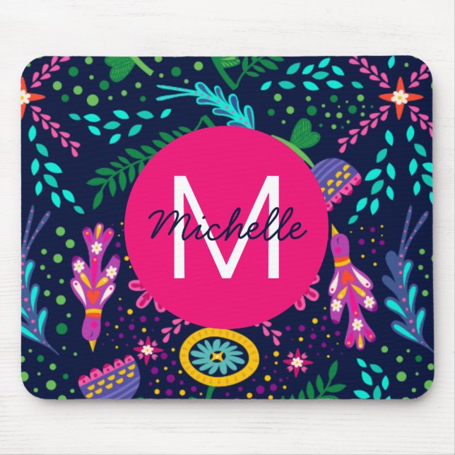 Bright Colorful Chaotic Floral Blue Personalised Mousepad (Vorne)