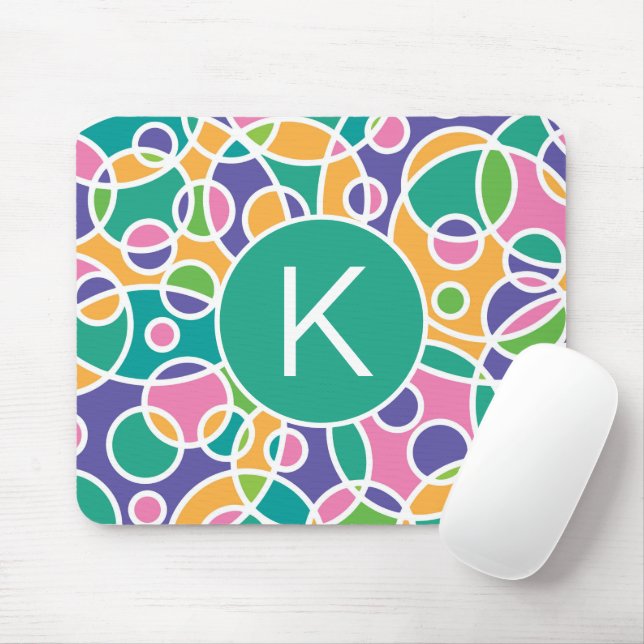 Bright Colorful Crazy Circles Pattern Monogram Mousepad (Mit Mouse)