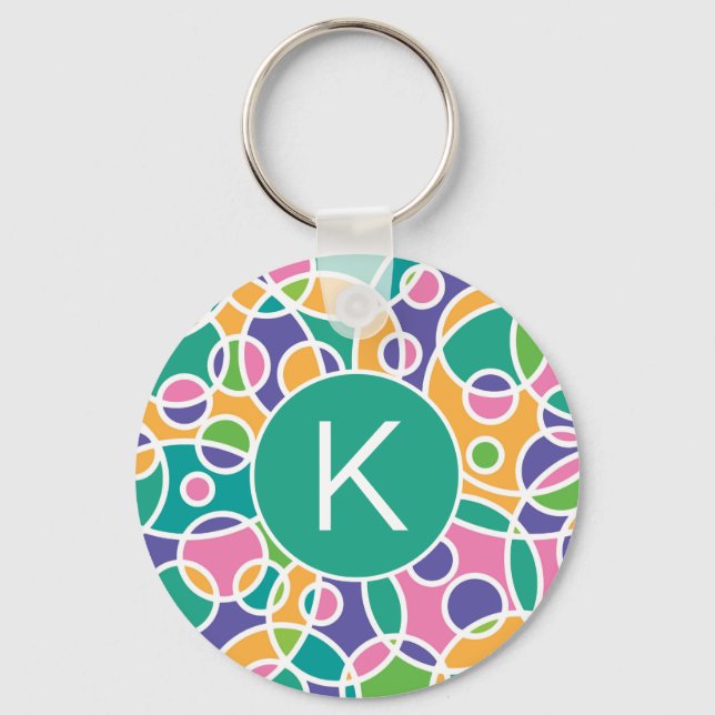 Bright Colorful Crazy Circles Pattern Monogram Schlüsselanhänger (Vorderseite)