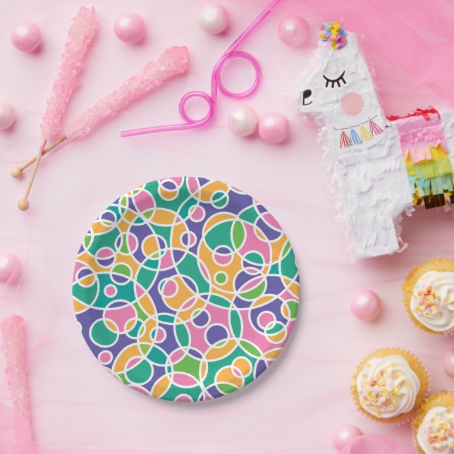 Bright Colorful Crazy Circles Pattern Pappteller (Party)