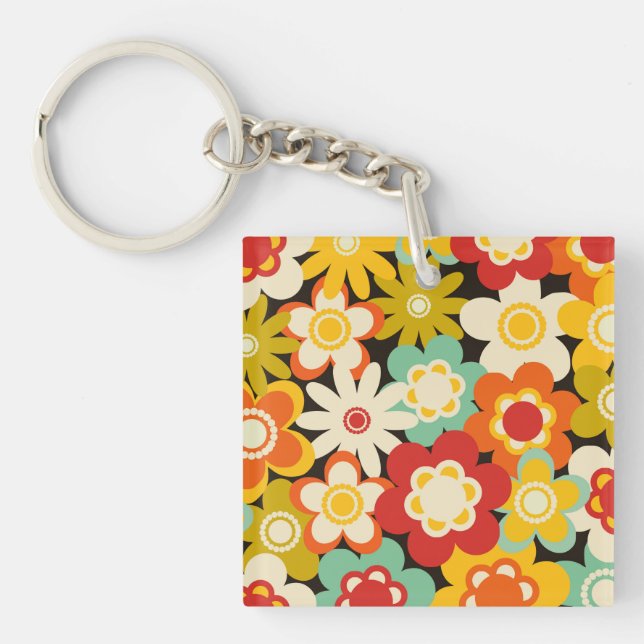 Bright Colorful Retro Cute Floral Pattern Schlüsselanhänger (Vorderseite)