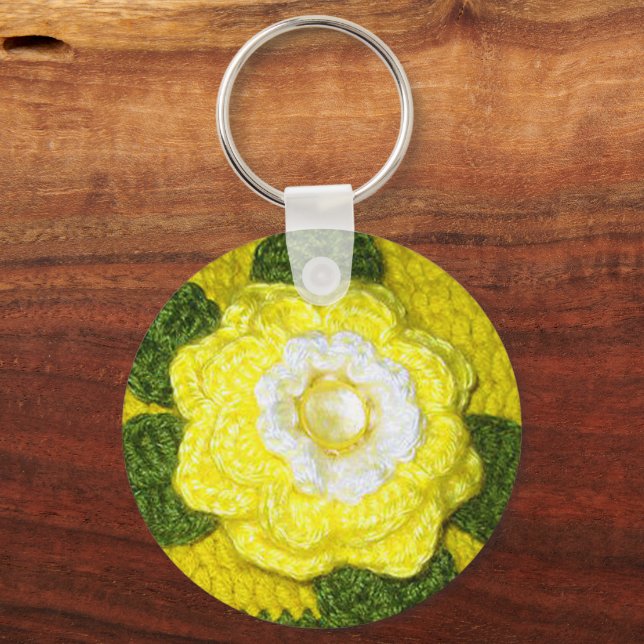 Bright Crystal Yellow Rose Green Crochet Print on Schlüsselanhänger (Vorderseite)