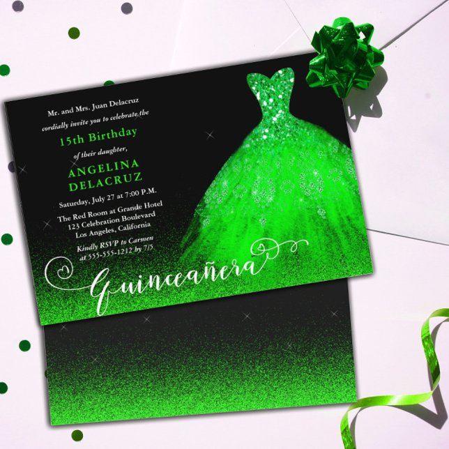 Bright Emerald Green Spanish Gown Quinceañera Einladung (Von Creator hochgeladen)