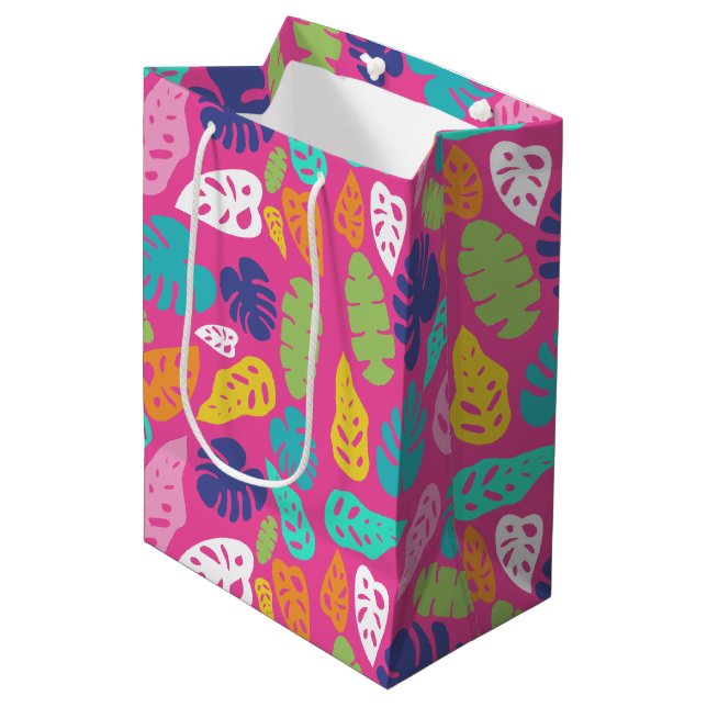 Bright farbenfrohe Tropical Summer Blätter Muster Mittlere Geschenktüte (Vorderseite Schrägansicht)