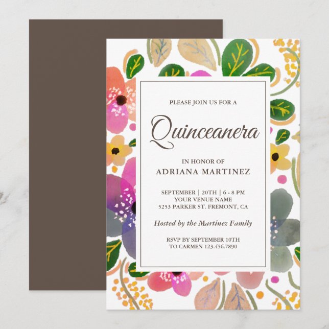 Bright farbige Wasserfarbe Blumenkohl Quinceanera Einladung (Vorne/Hinten)