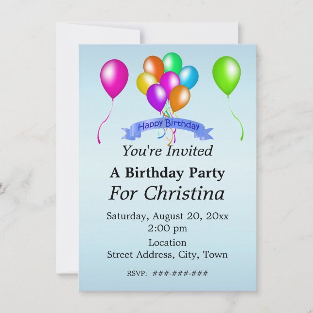 Bright Festival Birthday Balloons Banner Blue Einladung (Vorderseite)