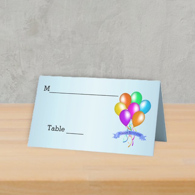 Bright Festive Happy Birthday Balloons Streamers Platzkarte (Bunch of brightly coloured balloons Happy Birthday banner on light blue table place card.)