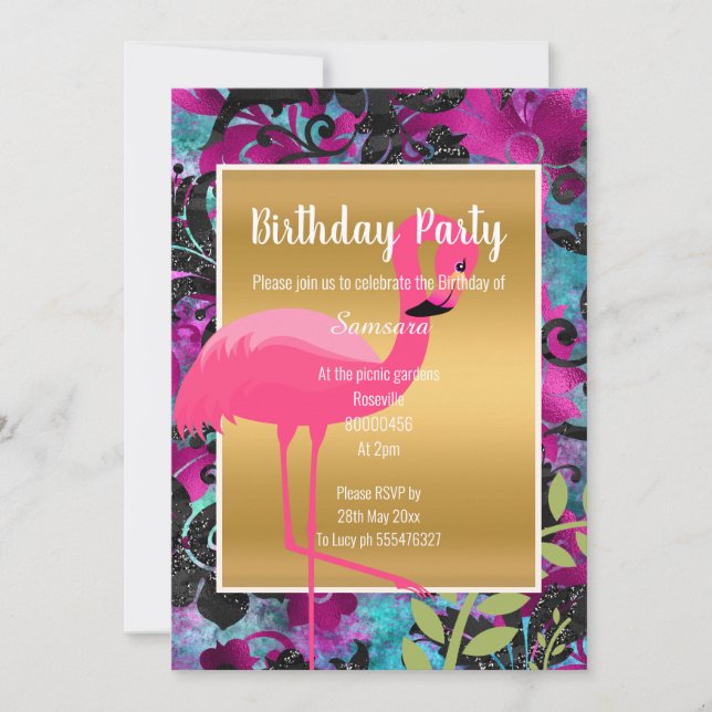BRIGHT FLAMINGO HAWAIIAN FLORAL GOLD EINLADUNG (Vorderseite)
