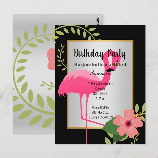 BRIGHT FLAMINGO HIBISKUS SILVER GOLD EINLADUNG POSTKARTE (Vorne/Hinten)