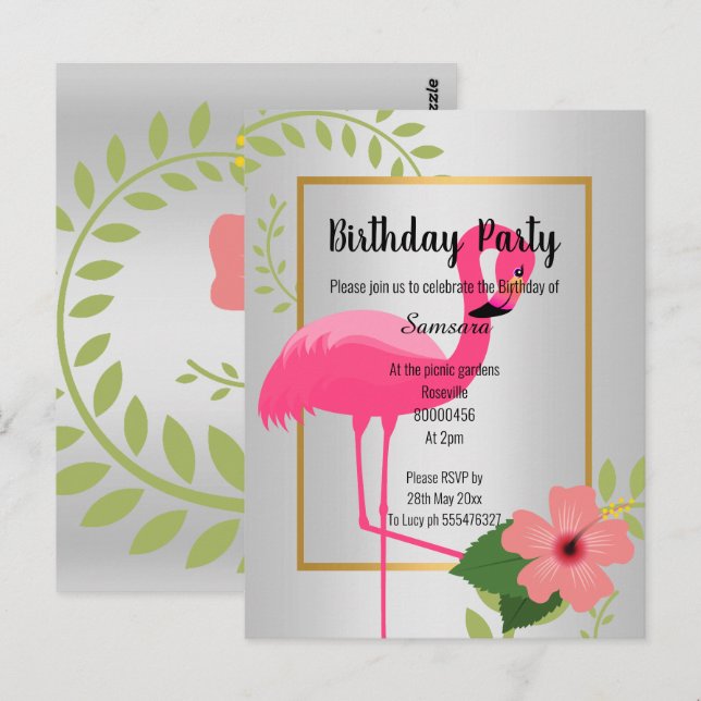 BRIGHT FLAMINGO HIBISKUS SILVER GOLD GEBURTSTAG IN POSTKARTE (Vorne/Hinten)