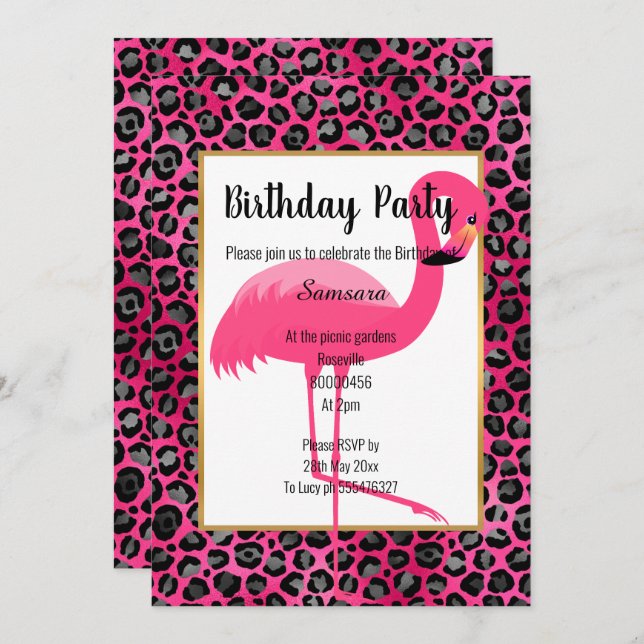 BRIGHT FLAMINGO LEOPARD PINK GOLD EINLADUNG (Vorne/Hinten)