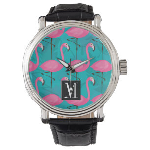 Bright Flamingo Pattern Anfänglich hinzufügen Armbanduhr