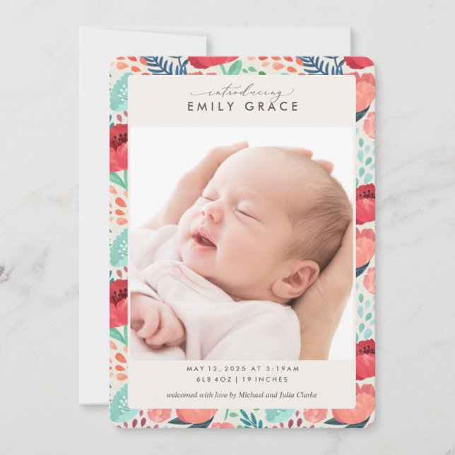 Bright Floral Blooms Photo Girl Faire-part de nais (Devant)