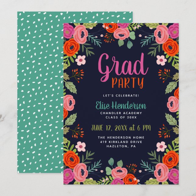 Bright Floral Graduation Party Invitation (Devant / Derrière)