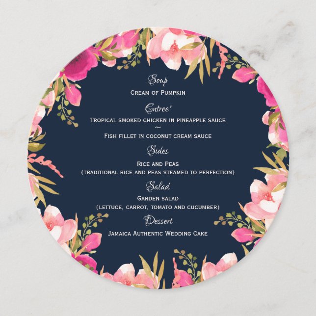 Bright Floral Pink and Navy Round Menu (Devant)