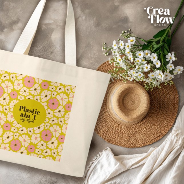 Bright floral_Plastic ist nicht mein Stil Jumbo Stoffbeutel (Perfect Mothers Day gift: Big shopper with eclectic floral print and text `Plastic ain´t my style´)