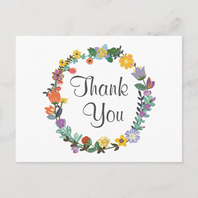 Bright Floral Wreath Spring Wedding Danke Postkarte (Vorderseite)