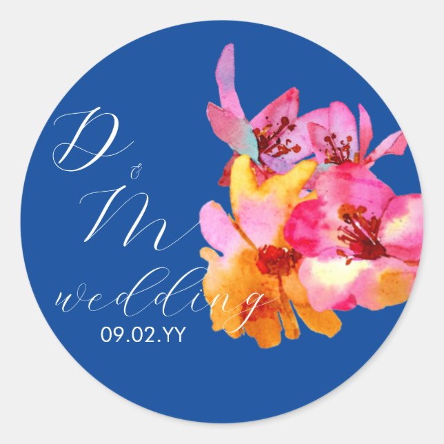 Bright Florals Watercolor Monogram Blue Wedding Runder Aufkleber (Vorderseite)