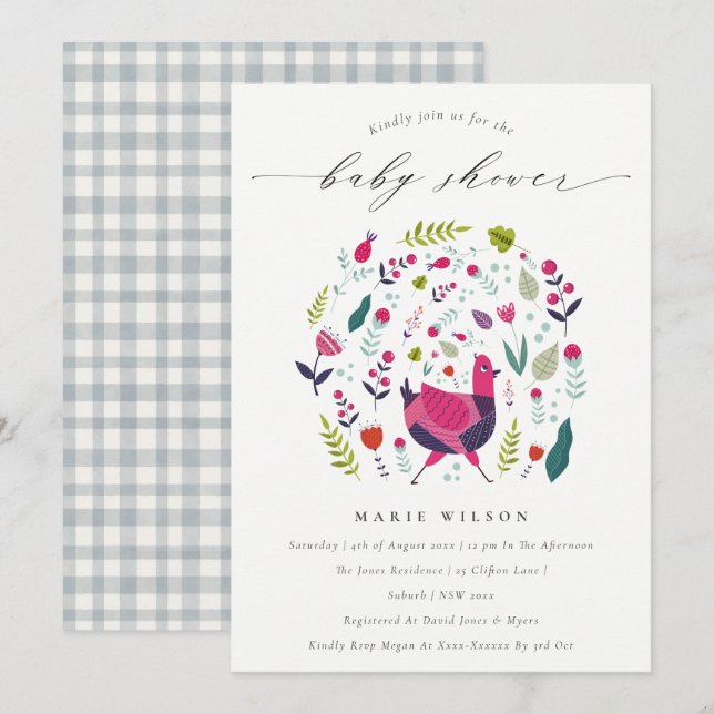 Bright Folk Farm Floral Birdie Baby Dusche einlade Dankeskarte (Vorne/Hinten)