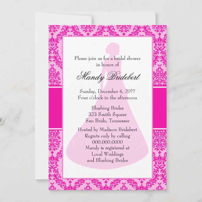 Bright Fuchsia Damask Brautparty Einladung (Vorderseite)