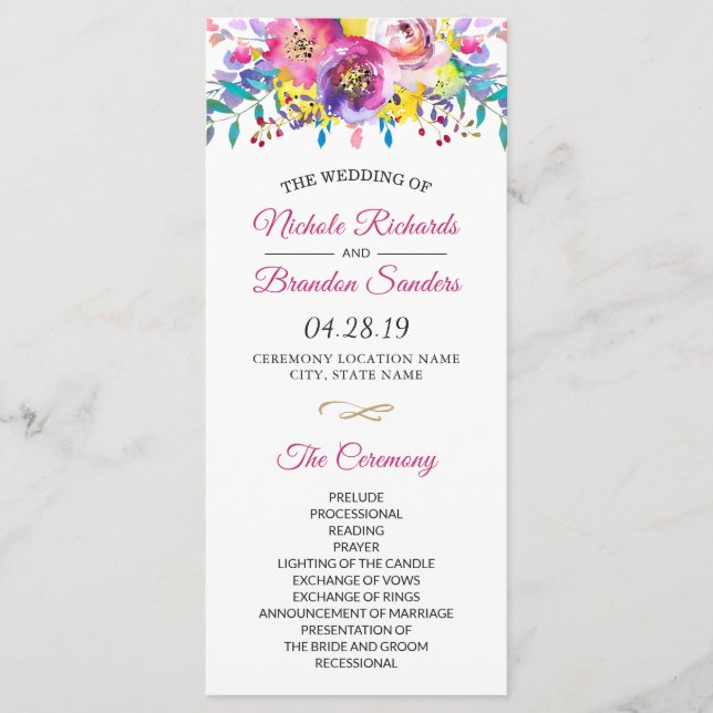 Bright Fuchsia Gold Blossom Floral Wedding Program Programm (Vorderseite)