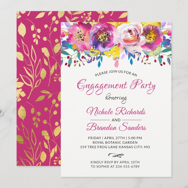 Bright Fuchsia Gold Floral Engagement Party Einladung (Vorne/Hinten)