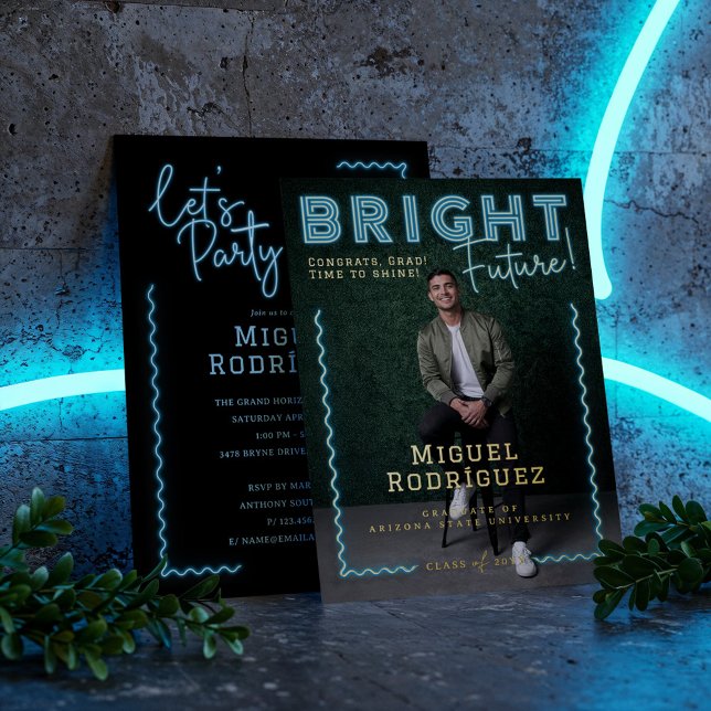 Bright Future Blue Neon Grad Foto Abschluss Folieneinladung (Bright Future Blue Neon Grad Photo Graduation Foil Invitation)