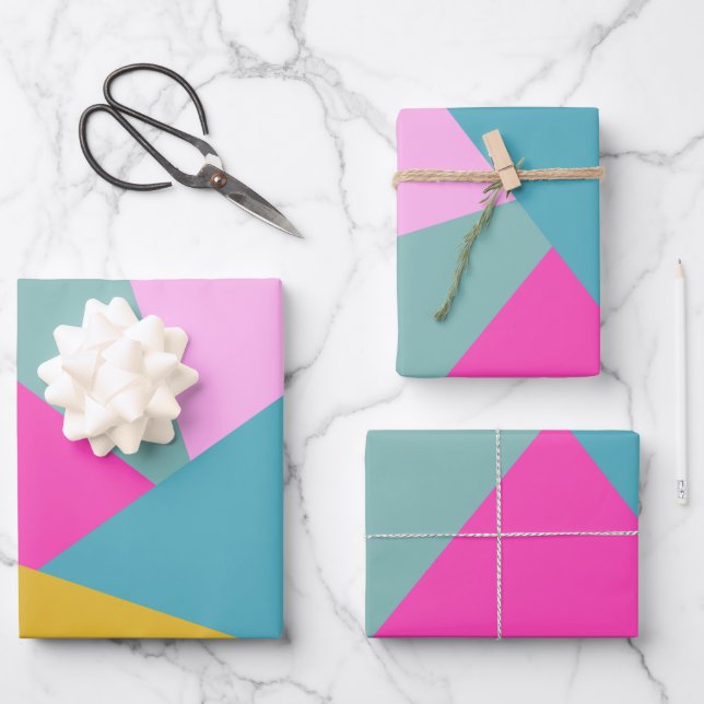 Bright Geometric Sunburst Formen Hot Pink Yellow  Geschenkpapier Set (Vorderseite)