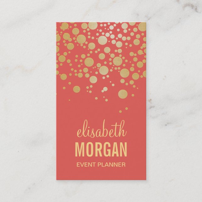 Bright Gold Confetti Dots - Stilvolle Coral Orange Visitenkarte (Vorderseite)