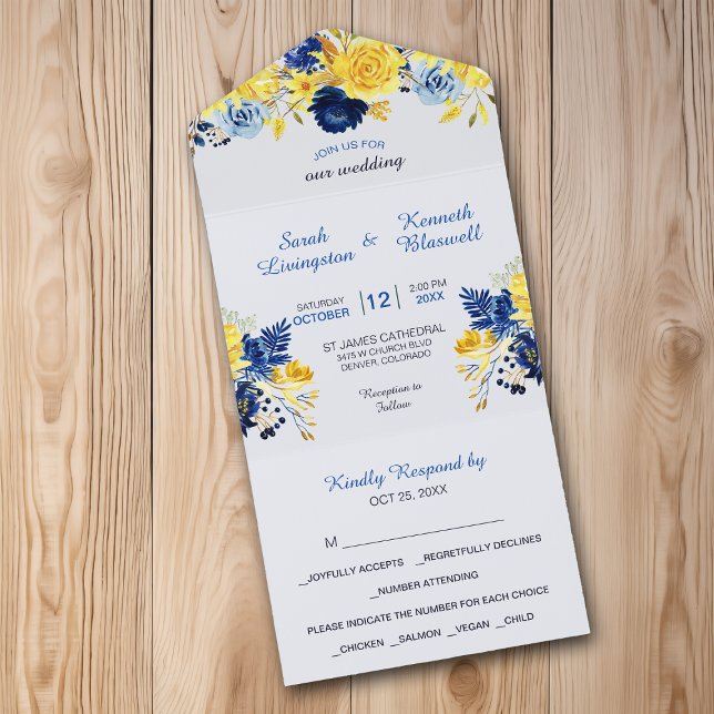 Bright Gold Navy Blue Floral Bouquet Wedding All In One Einladung (Von Creator hochgeladen)