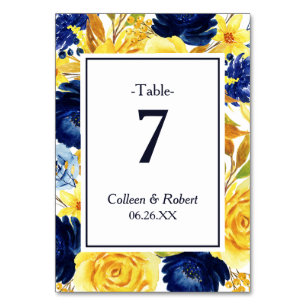 Bright Gold Navy Blue Floral Mariage carte de tabl