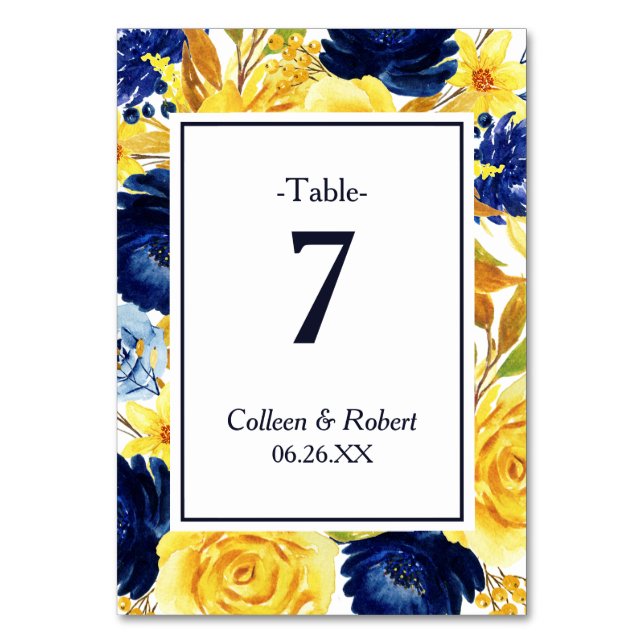 Bright Gold Navy Blue Floral Mariage carte de tabl (Par défaut)
