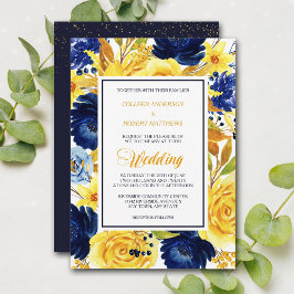 Bright Gold Navy Blue Floral Modern Wedding Invite Einladung