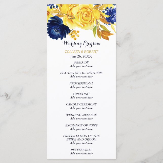 Bright Gold Navy Blue Floral Wedding Programme (Devant)