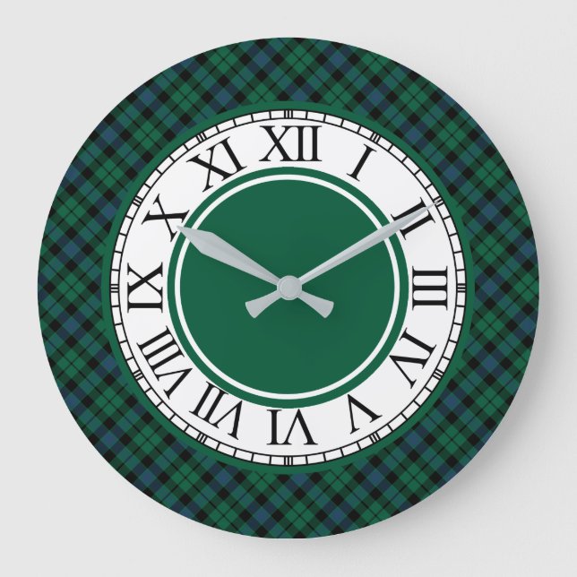 Bright Green and Blue MacKay Clan Tartan Große Wanduhr (Vorderseite)