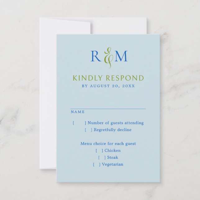 Bright Green Blue Simple Monogram Wedding RSVP Karte (Vorderseite)